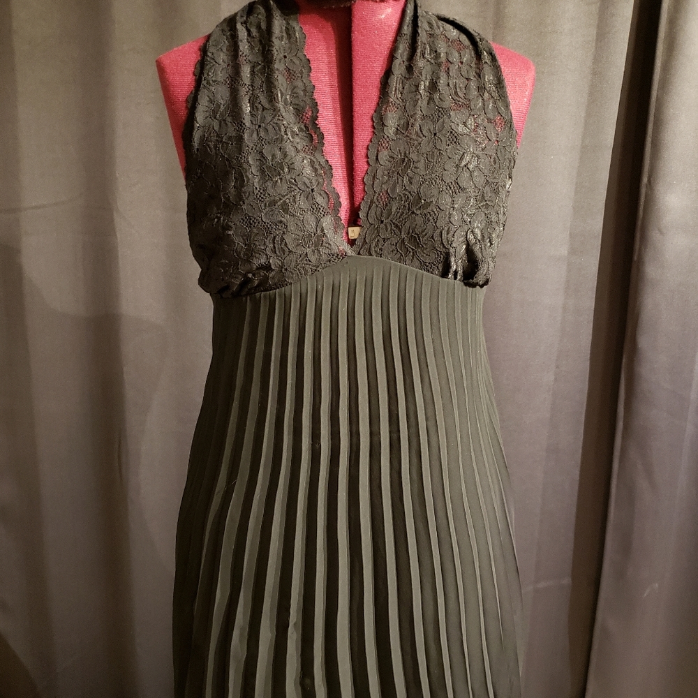 Black Lace Sheer Pleated Halter Dress M/L
